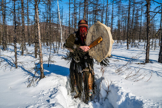 Traditional dressed Shaman, Tura, Krasnoyarsk Krai, Evenki state, Russia