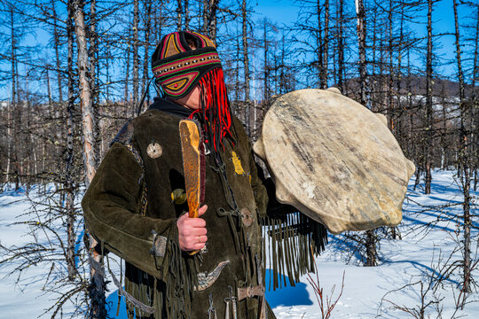 Traditional dressed Shaman, Tura, Krasnoyarsk Krai, Evenki state, Russia
