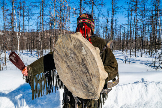 Traditional dressed Shaman, Tura, Krasnoyarsk Krai, Evenki state, Russia