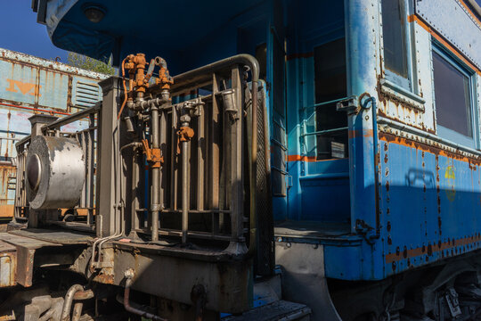 Old railway museum depot in Puebla, Mexico, with vintage machines on display