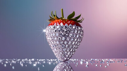 Surrealistic photo of 1 strawberry completely covered with sparkling diamonds, high reflectivity surface floating above soft purple gradient background, pop art style, studio lighting, minimalist comp