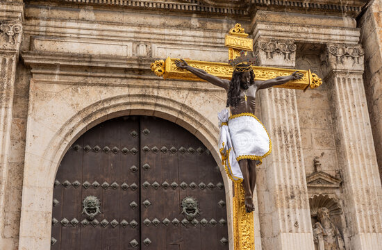 Procession with Black Christ in the cathedral in Merida, Yucatan, Mexico