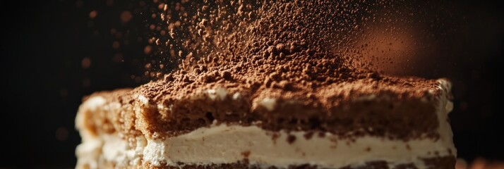 Exquisite tiramisu close-up with rich cocoa dusting creating delightful layers