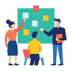 Obraz premium Successful business people at work in the office, a vector illustration of a diverse team with charts, symbolizing concept of job success