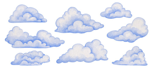Collection of colorful blue clouds. Vector graphics.