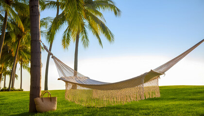 A white mesh hammock is suspended between palm tree trunks on a bright green lawn under a blue sky. A wicker bag sits at the base of one of the palms.