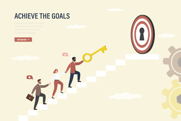 Achieve the goals, landing page. Ambitious business people holding key and climbing on stairs to unlock target on top. Motivation to achieve goal,
