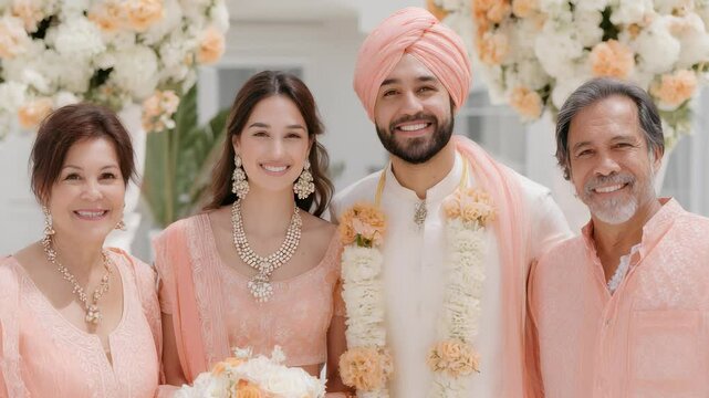 Beautiful Indian Wedding Portrait Featuring Bride, Groom in Turban, and Parents Smiling Happily in Peach Colored Attire