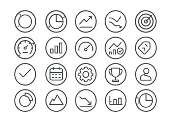 Line style icons of round performance metrics: round goal tracker, round performance ring, round growth icon, round decline icon, round target icon, round speed meter, round performance bar, round