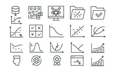 Line style icons of machine learning processes: data input, feature extraction, model training, test set, validation set, accuracy rate, confusion matrix, learning curve, prediction error,