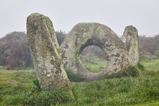 Te Men-an-tol prehistoric site in fog, near Penzance, Cornwall, United Kingdom