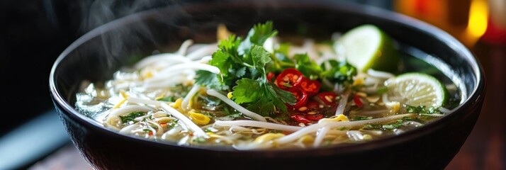 Aromatic delight: Close-up view of steaming pho with fresh herbs and spices