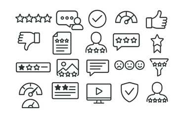 Line style icons of customer reviews and ratings: star rating, customer comment, verified review, average score, thumbs up, thumbs down, review form, user opinion, top review, featured feedback,