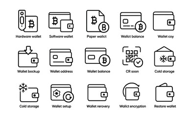 Line style icons of crypto wallets: hardware wallet, software wallet, paper wallet, mobile wallet, wallet backup, wallet address, wallet key, wallet balance, send crypto, receive crypto, QR scan,
