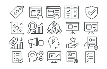 Line style icons of product marketing and positioning: product value, feature highlight, product tour, comparison table, USP icon, positioning map, competitor analysis, product persona, sales deck,