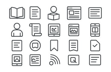 Line style icons of reading and content consumption: open book icon, article icon, reading mode, content page, text block, reader icon, scroll view, e-book icon, blog post, mobile reader, page view,
