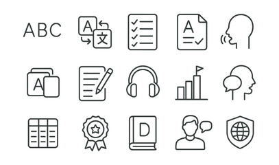 Line style icons of language learning: ABC icon, translation icon, vocabulary list, grammar check, pronunciation icon, flashcard set, writing practice, listening task, language levels, speaking drill
