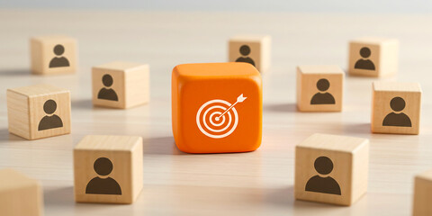 Red bullseye icon cube connected with wooden cubes showing user avatars for business targeting model
