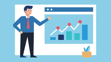 Businessman presents a graph or chart illustrating financial growth and success concepts for corporate market presentations.