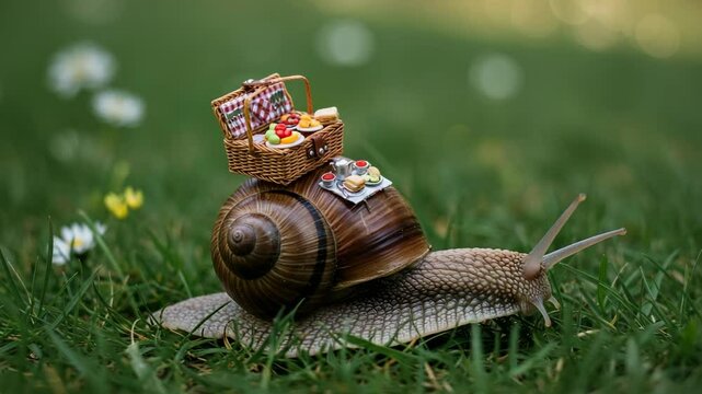 Snail carrying picnic basket on its back in grassy meadow