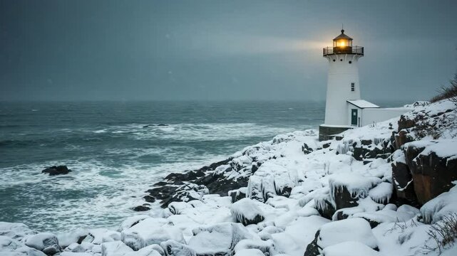 Snow-covered lighthouse by the ocean during a winter storm  