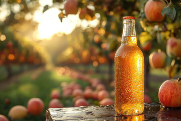 Bottle of apple cider on wooden table.