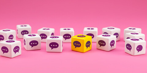 Obraz premium Yellow target cube surrounded by social media icons on pink background representing marketing focus