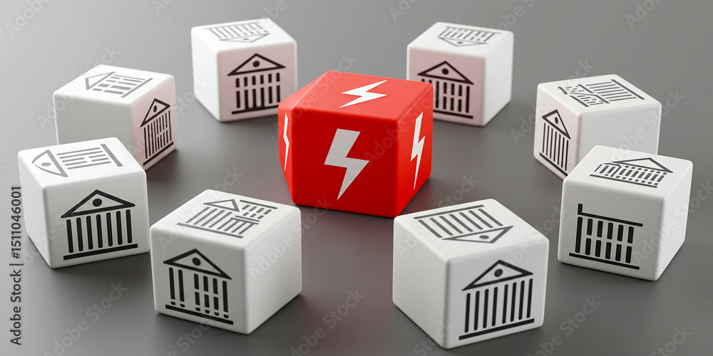 Poster white cubes with bank icons surrounding a red cube with lightning bolts on a gray background surface