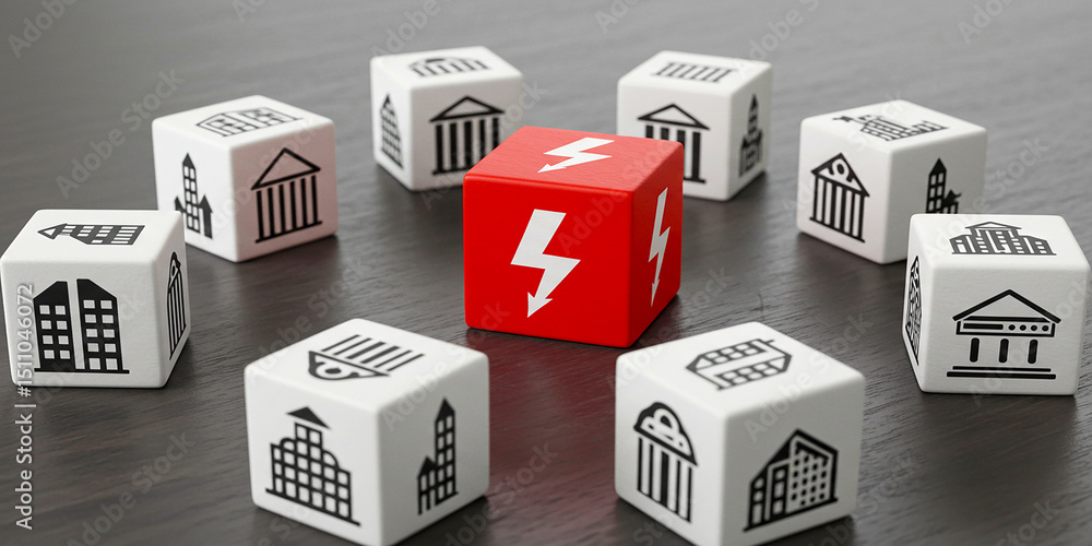 Aufkleber a group of white dice with building icons surrounding a red die with a lightning bolt symbol on it