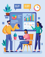 Busy business people working at a table in an office, a cartoon vector illustration. Business meeting vector