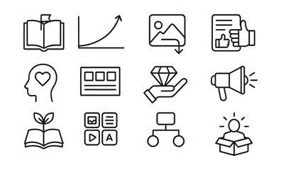 Line style icons of storytelling in marketing: brand story, narrative arc, visual hook, message tone, emotional angle, storyboarding icon, value message, storytelling voice, consistent tone, origin