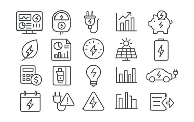 Line style icons of energy management: energy dashboard, smart meter, power usage, consumption graph, energy savings, green mode, energy report, peak hours, solar input, battery status, cost