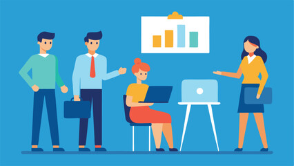 Business meeting vector cartoon illustration of businesspeople working on computers at their desks in an office