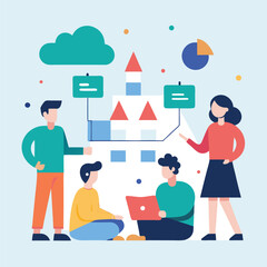 Business meeting vector illustration of a family in front of a house, symbolizing business, home, and financial concepts