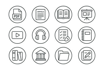 Line style icons of round educational content: round PDF doc, round article icon, round textbook icon, round slideshow icon, round video clip, round audio lesson, round reading list, round eBook icon