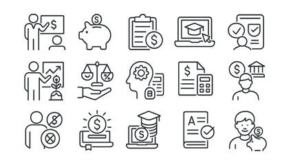 Line style icons of financial literacy and education: money lesson, savings habit, budgeting guide, finance course, credit education, investment basics, financial skills, tax basics, loan awareness,