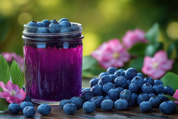 Blueberry and elder juice in a glass with a straw.