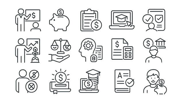 Line style icons of financial literacy and education: money lesson, savings habit, budgeting guide, finance course, credit education, investment basics, financial skills, tax basics, loan awareness,