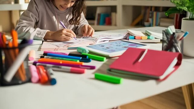 Happy Girl Engaged in Online Learning. A cheerful young girl wearing headphones smiles brightly while using a tablet for online learning in a library setting. Surrounded by books and school supplies - Powered by Adobe