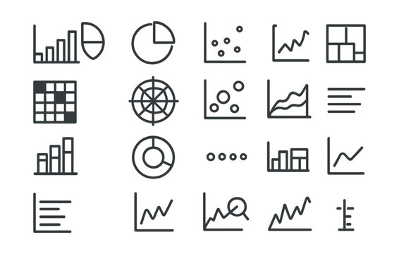 Line style icons of data visualization: bar chart, pie chart, line graph, scatter plot, heatmap, radar chart, bubble chart, histogram icon, area chart, stacked chart, tree map, donut chart, data