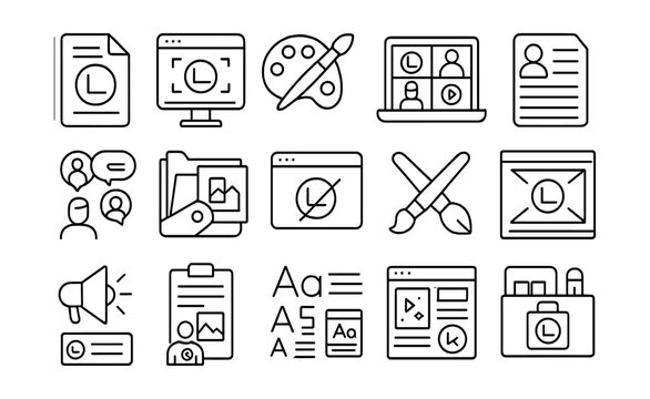 Line style icons of branding and identity in remote teams: brand guide, logo use, brand palette, remote brand strategy, company style, team brand assets, branded background, visual tone, design