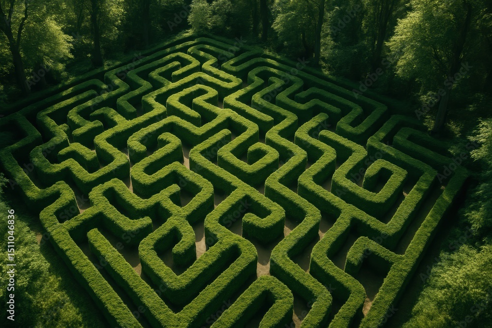 Aufkleber intricate aerial view of a lush green hedge maze forming a complex labyrinth within a dense mystical