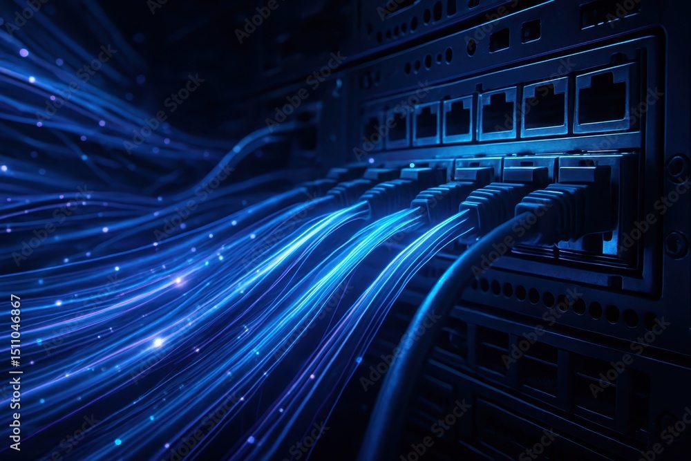 Aufkleber intricate network of glowing fiber optic cables and data streams connected to network switches symbo