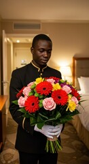 A well-dressed hotel staff member holds a vibrant bouquet of flowers in a welcoming guest room