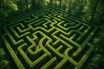 Naklejka premium Intricate aerial view of a lush green hedge maze forming a complex labyrinth within a dense mystical forest a symbol of challenge and discovery.