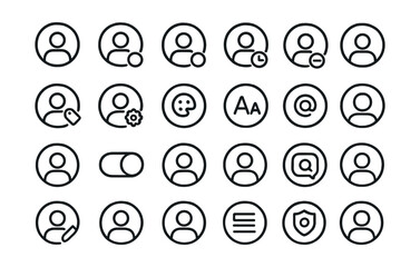 Line style icons of round user and profile settings in chat: round avatar icon, round profile status, round online icon, round away badge, round DND icon, round custom name, round user settings,