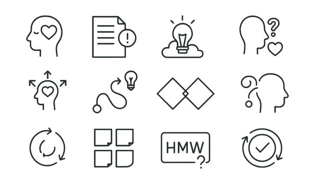 Line style icons of design thinking: empathize icon, define phase, ideate icon, prototype icon, test phase, human-centered design, innovation path, double diamond, user need, feedback loop, post-it