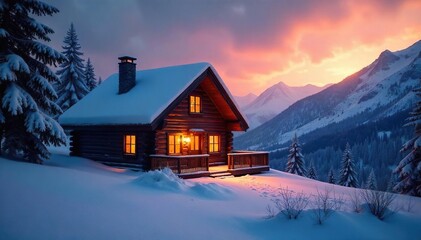 A cozy cabin nestled in a snowy landscape, emitting warm light against the twilight Perfect for winter wonderland, holiday, and hygge themes , tranquil, cedar, fir