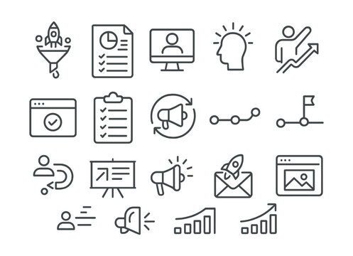 Line style icons of go-to-market strategy: launch funnel, marketing plan, user onboarding, awareness stage, activation icon, conversion event, GTM checklist, traction channel, campaign timeline,