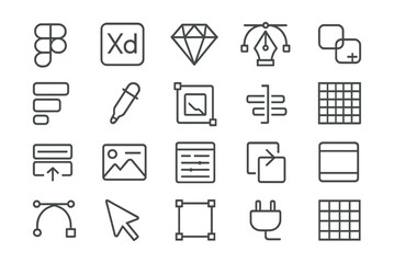 Line style icons of visual design tools: Figma icon, Adobe XD, Sketch app, pen tool, shape tool, layers panel, color dropper, artboard icon, align tool, pixel grid, spacing ruler, design preview,